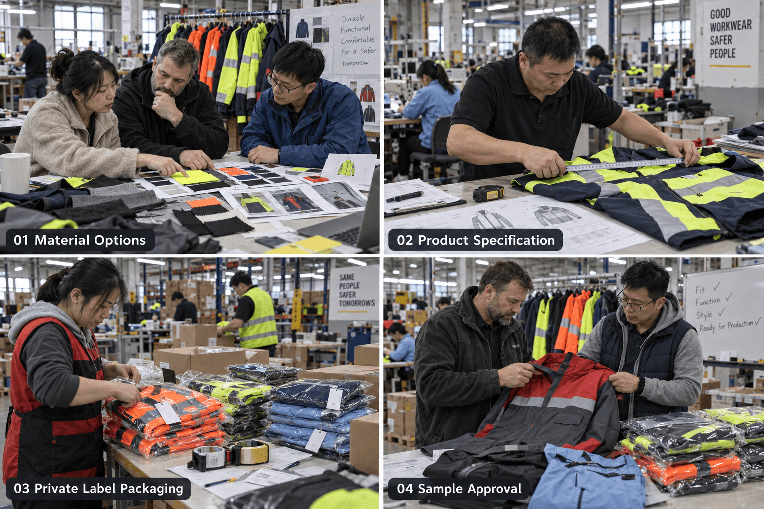 Custom workwear program: material options, product specification, private label packaging, and sample approval
