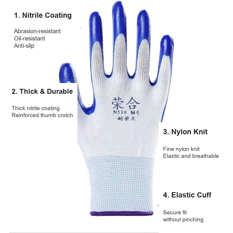 Blue N518 Thick-Coated Nitrile Work Gloves, 12 Pairs